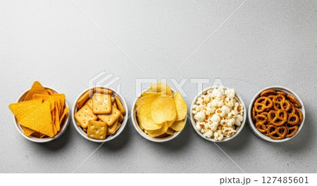 Assortment of popular snacks including chips, crackers, popcorn, and pretzels in bowls on a grey surface 127485601