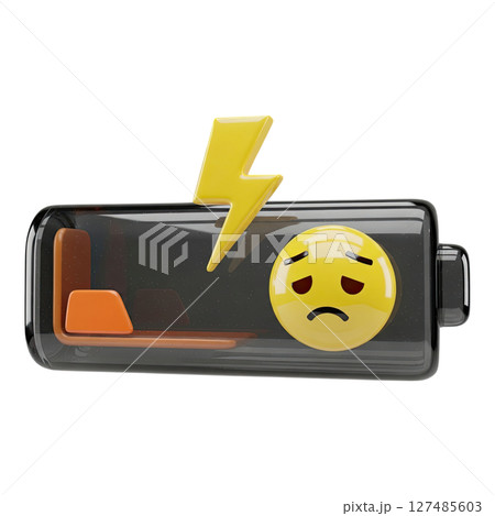 3d glossy low battery icon with sad face emoji and lightning bolt for power issues 127485603