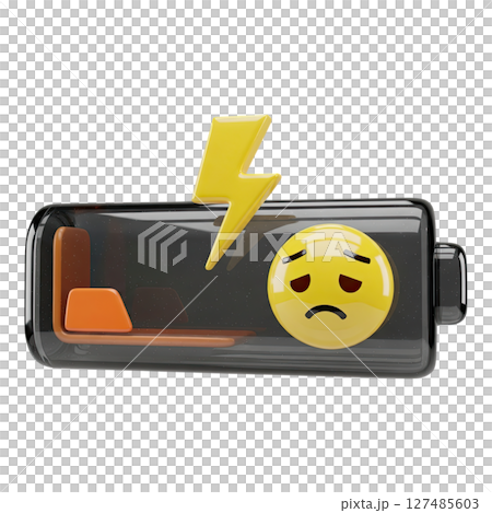 3d glossy low battery icon with sad face emoji and lightning bolt for power issues 127485603