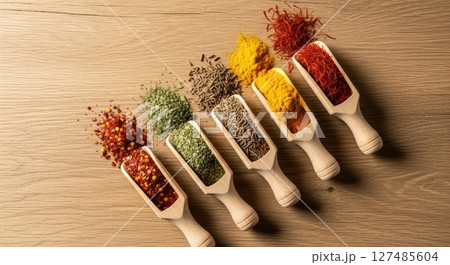 Five colorful spices in wooden scoops arranged diagonally on a light wooden surface. 127485604