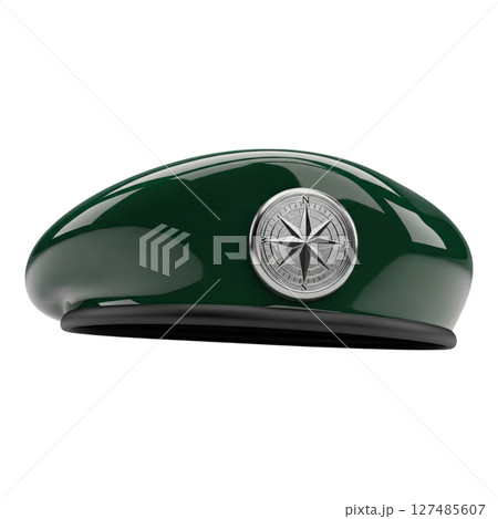 Professional dark green beret with silver compass rose insignia and black trim 127485607