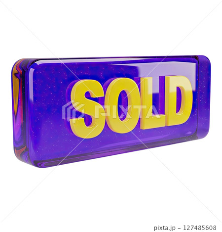 Glossy 3d sold button with bold yellow letters on a vibrant purple display 127485608