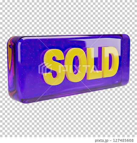 Glossy 3d sold button with bold yellow letters on a vibrant purple display 127485608
