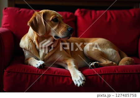 Dog lying on red sofa at home, pet resting, interior inside house. AI Generative 127485758