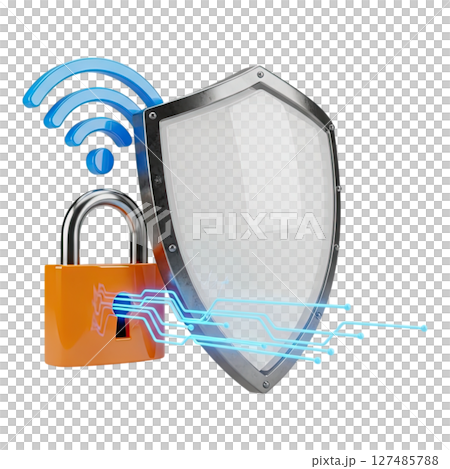 Digital security concept with shield, padlock, and wi fi for network protection 127485788