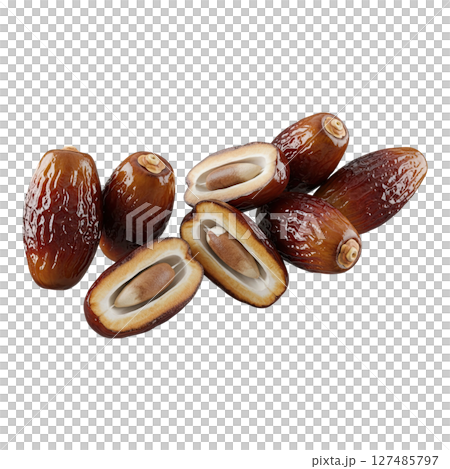 Plump dark brown date fruits, some whole and others cut open revealing their inner pits. 127485797
