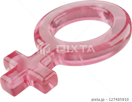 Polished translucent pink female gender symbol, a stylized 3d venus icon 127485910