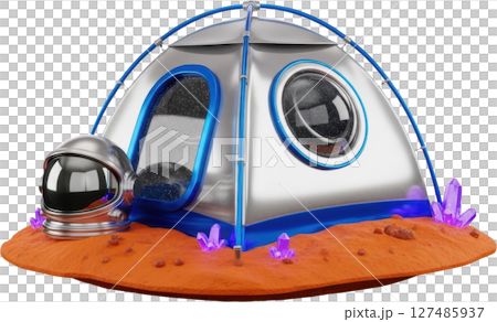 Futuristic space age tent pod for lunar exploration with astronaut helmet 127485937