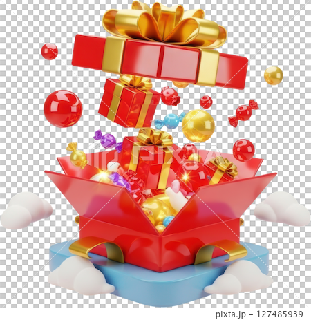 Whimsical red gift box bursting open with smaller presents and candies 127485939
