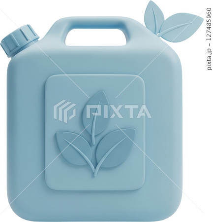 Light blue jerry can with leaf emblems for sustainable biofuel and green energy 127485960