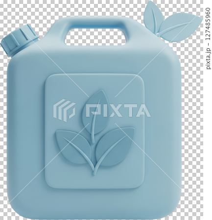 Light blue jerry can with leaf emblems for sustainable biofuel and green energy 127485960