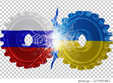 Geopolitical conflict, russian and ukrainian flag gears clashing with sparks Geopolitical conflict, russian and ukrainian flag gears clashing with sparks 127485961