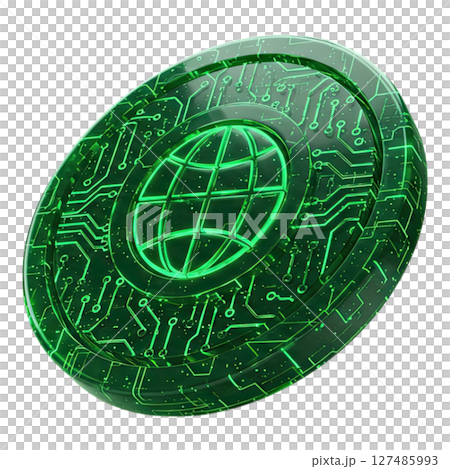 Glossy emerald green digital coin with global network circuit board design 127485993