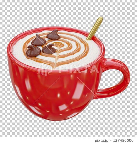 Creamy hot chocolate drink in a vibrant red mug with caramel art and chocolate chips Creamy hot chocolate drink in a vibrant red mug with caramel art and chocolate chips 127486000