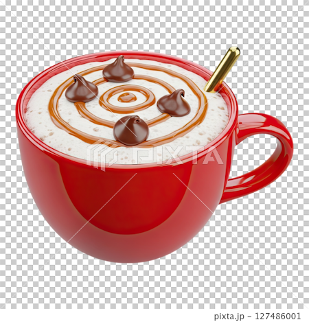 Creamy hot chocolate in a vibrant red mug topped with caramel and chocolate 127486001