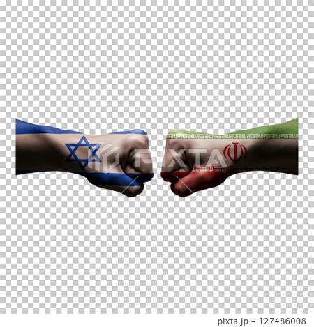 Israel and iran fists clash, symbolic geopolitical conflict and international tension Israel and iran fists clash, symbolic geopolitical conflict and international tension 127486008