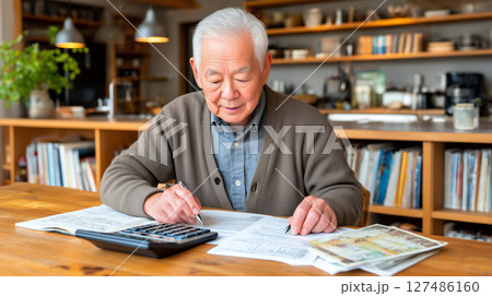 家計管理をする高齢男性 127486160