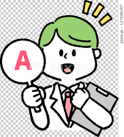 A man in a white coat holding an answer mark A man in a white coat holding an answer mark 127486207