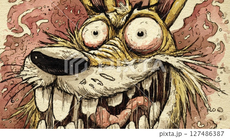 Crazy dog with wild eyes and exaggerated features showing excitement and mischief, portraying a humorous expression in a colorful artistic style 127486387
