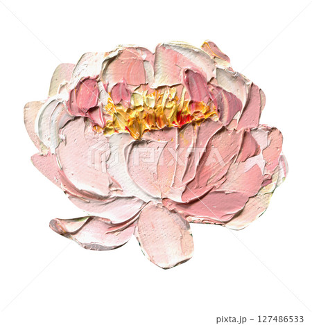 Single pink peony impasto oil painting on canvas with yellow center for romantic floral clipart or elegant wall art print, design 127486533