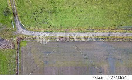 A breathtaking aerial view showcasing lush green fields paired with a beautifully winding road 127486542