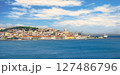Wide panoramic shot of Lisbon, its beautiful city center, historic buildings, iconic landmarks and Tagus River under blue sky with some white clouds on sunny day. Colorful skyline with castle on hill 127486796