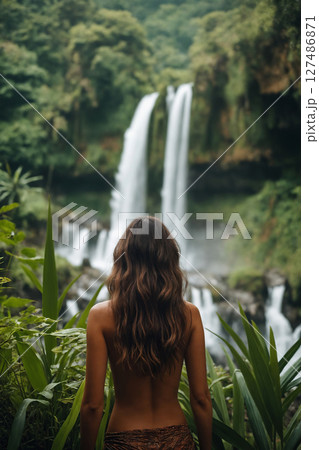 Sexy girl at the waterfall. Shape young woman walking in tropic jungle 127486871