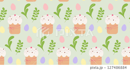 Hand drawn Decorated Ester Cake Abstract Twigs and Leaves and Colored Eggs Seamless Pattern Backdrop 127486884