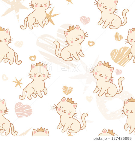 Seamless Pattern of Cute Princess Cat Wearing Crown with pastel-colored hearts, stars, moons. Seamless Pattern of Cute Princess Cat Wearing Crown with pastel-colored hearts, stars, moons. 127486899