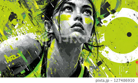 A high-resolution graphic design poster showcasing a powerful young female volleyball player in a dynamic action pose. Generative AI 127486910