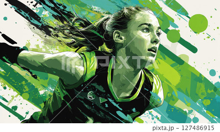 A high-resolution graphic design poster showcasing a powerful young female volleyball player in a dynamic action pose. Generative AI 127486915