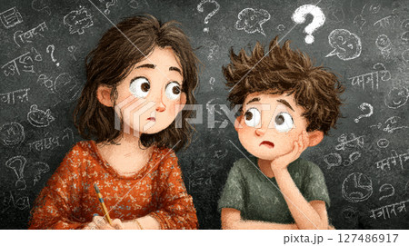 A thoughtful and emotive illustration showing a dyslexic boy struggling to learn Hindi Barakhadi, guided patiently by his teen sister.  Generative AI 127486917