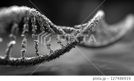 A striking anime-style illustration of a double helix rendered in black and white, mirrored perfectly across a horizontal axis. Generative AI 127486919