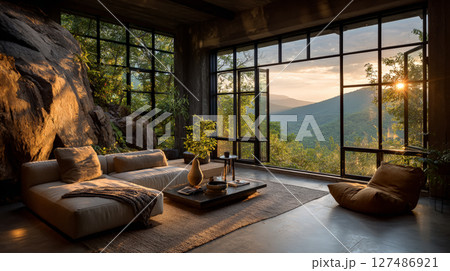 Minimalist Open-Plan Living Room with Forest View. Generative AI 127486921