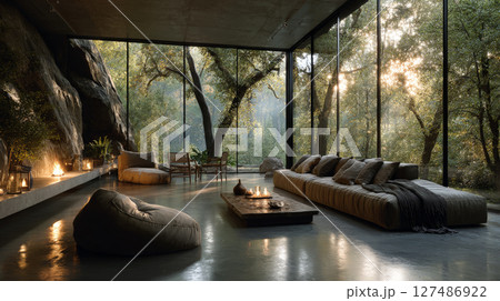 Minimalist Open-Plan Living Room with Forest View. Generative AI 127486922