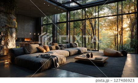 Minimalist Open-Plan Living Room with Forest View. Generative AI 127486923