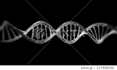 A striking anime-style illustration of a double helix rendered in black and white, mirrored perfectly across a horizontal axis. Generative AI 127486930