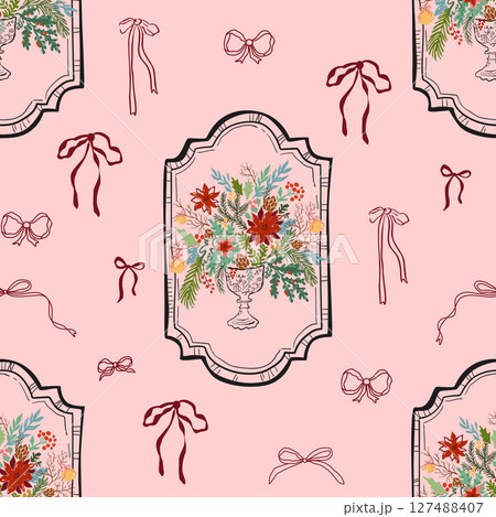 Vintage Christmas bouquet into frame, bow knots. Pink retro winter holiday seamless pattern. Vintage Christmas bouquet into frame, bow knots. Pink retro winter holiday seamless pattern. 127488407