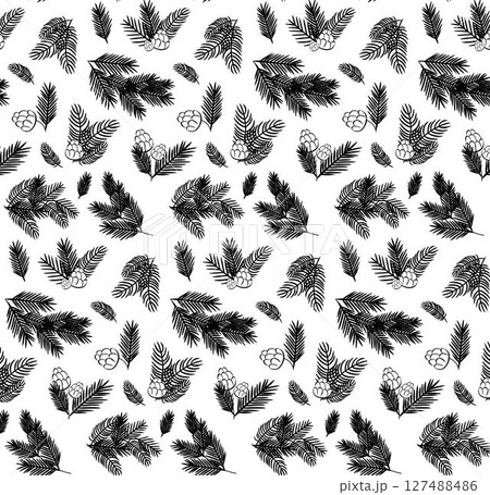 Pine branches and cones Seamless pattern. Vector graphic line ink illustration. Winter holiday background for banners, print for fabric, labels, t-shirt printing. 127488486