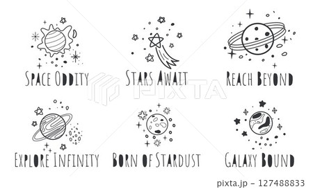 Set of simple illustrations with space themed lettering Set of simple illustrations with space themed lettering 127488833