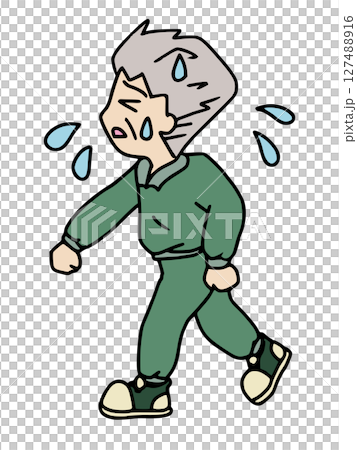汗をかきながら疲れて歩くシニア男性のイラスト　カラー 127488916