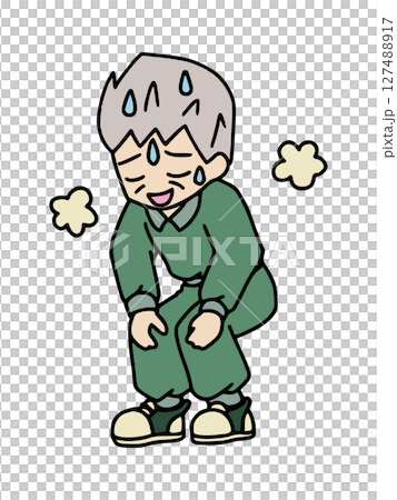 運動後に疲れて汗をかくシニア男性のイラスト　カラー 127488917