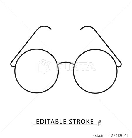 Glasses icon in minimal line style with editable stroke. Eyewear accessory, round spectacles, optical vision tool, reading glasses concept, fashion symbol, education element, intellectual visual. Glasses icon in minimal line style with editable stroke. Eyewear accessory, round spectacles, optical vision tool, reading glasses concept, fashion symbol, education element, intellectual visual. 127489141