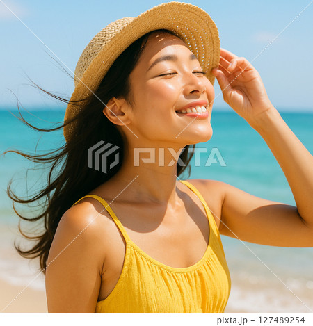 海岸で寛ぐ女性 海岸で寛ぐ女性 127489254