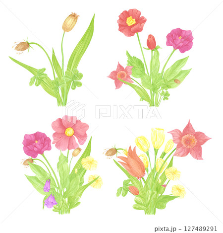 Hand drawn watercolor set of wildflower bouquets. Flower of the field isolated on white background. Can be used for postcard, label, scrapbook and other printed products. Hand drawn watercolor set of wildflower bouquets. Flower of the field isolated on white background. Can be used for postcard, label, scrapbook and other printed products. 127489291