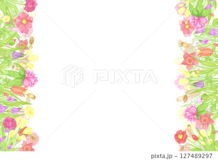 Hand drawn watercolor wildflowers and leaves frame border. Flower of the field isolated on white background. Can be used for business card, label, scrapbook and other printed products. 127489297