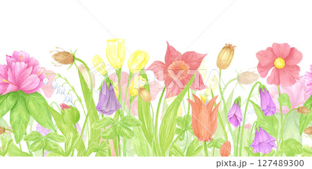 Hand drawn watercolor wildflowers and leaves seamless frame border. Flower of the field isolated on white background. Can be used for textile, fabric, scrapbook and other printed products. 127489300