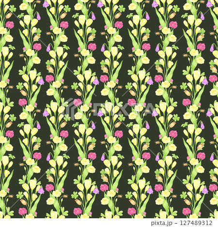 Hand drawn watercolor wildflowers seamless pattern. Flower of the field isolated on dark background. Can be used for textile, fabric, scrapbook and other printed products. Hand drawn watercolor wildflowers seamless pattern. Flower of the field isolated on dark background. Can be used for textile, fabric, scrapbook and other printed products. 127489312
