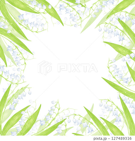 Hand drawn watercolor lily of the valley flowers frame border. Flowers isolated on white background. Can be used for postcard, invitation, scrapbook and other printed products. 127489316