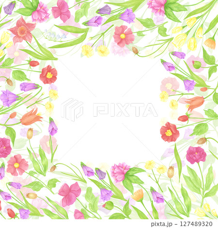 Hand drawn watercolor wildflowers and leaves frame border. Flower of the field isolated on white background. Can be used for postcard, label, scrapbook and other printed products. 127489320